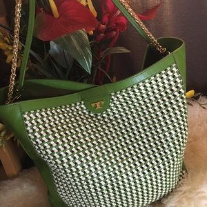 Tory Burch Green and White Travel Bag